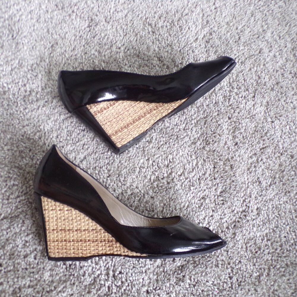 Aquatalia black patent leather peep toe wedges 6